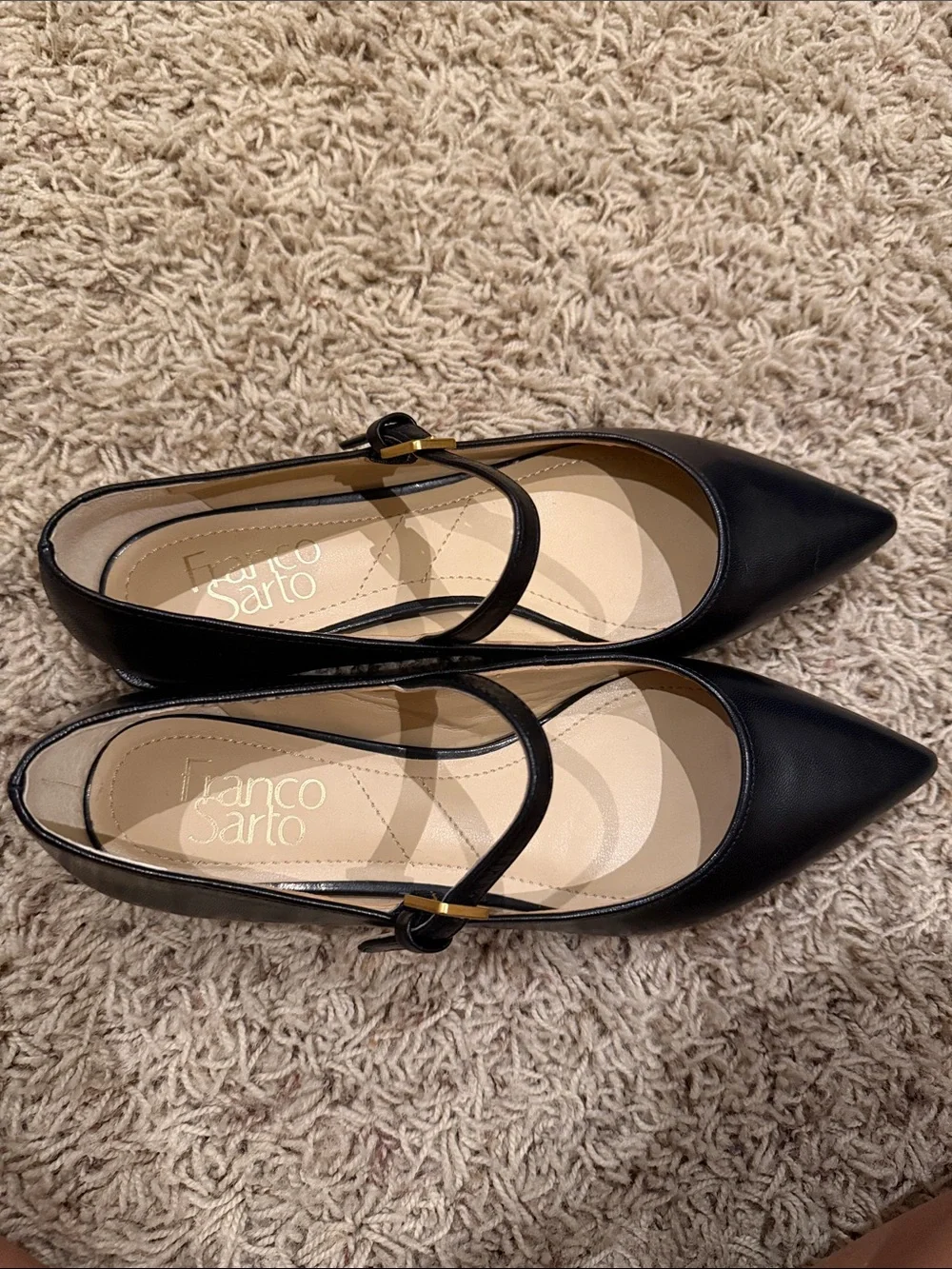Franco Sarto Black Pointed Mary Jane Flats with Gold Buckle